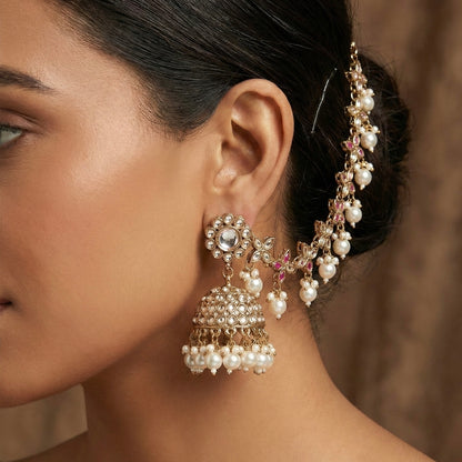 Kashi Kundan Jhumka Earrings with Sahara/Earchains - Golden