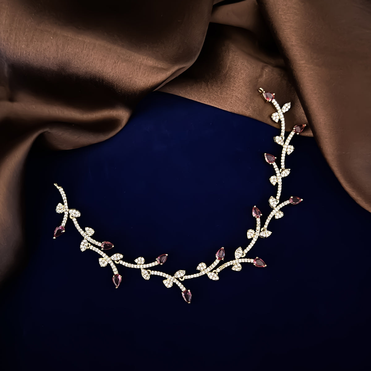 Ruby Red Diana Petals American Diamond Necklace Set