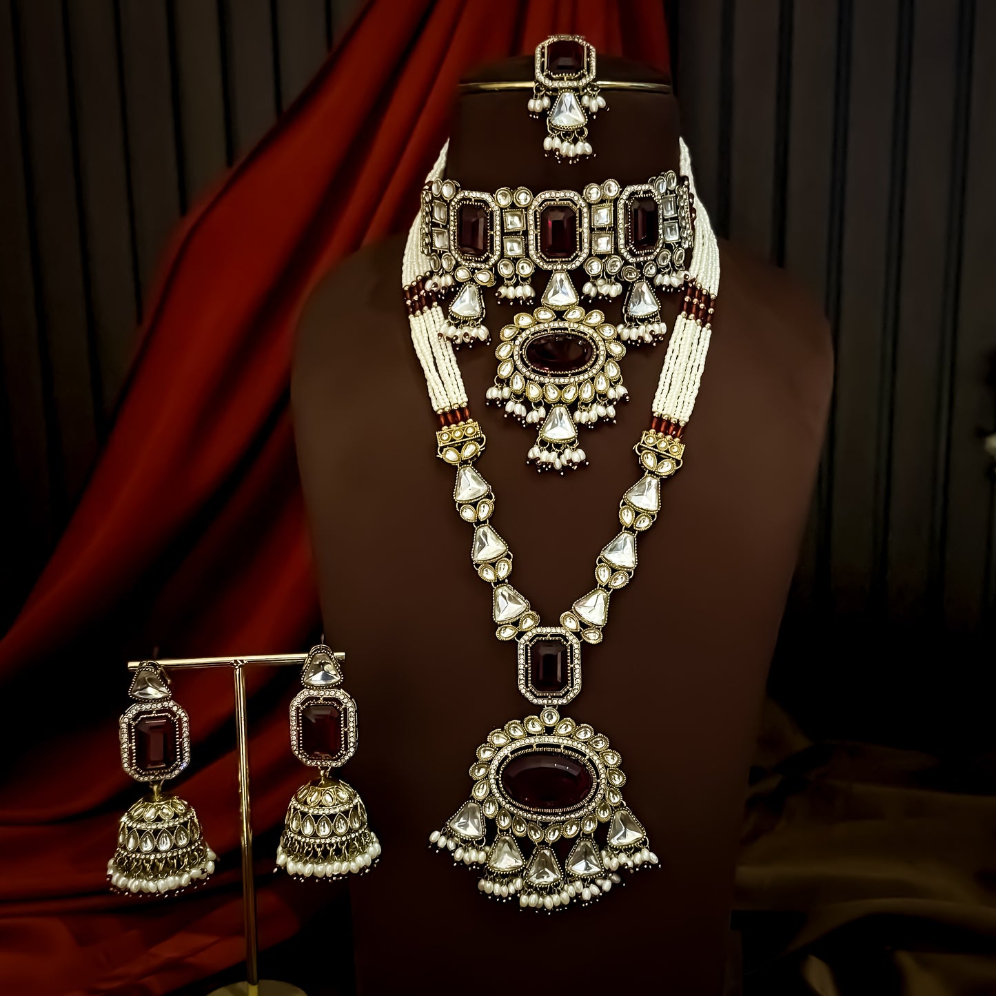 Israni Premium Kundan Long & Short Necklace Set - Maroon