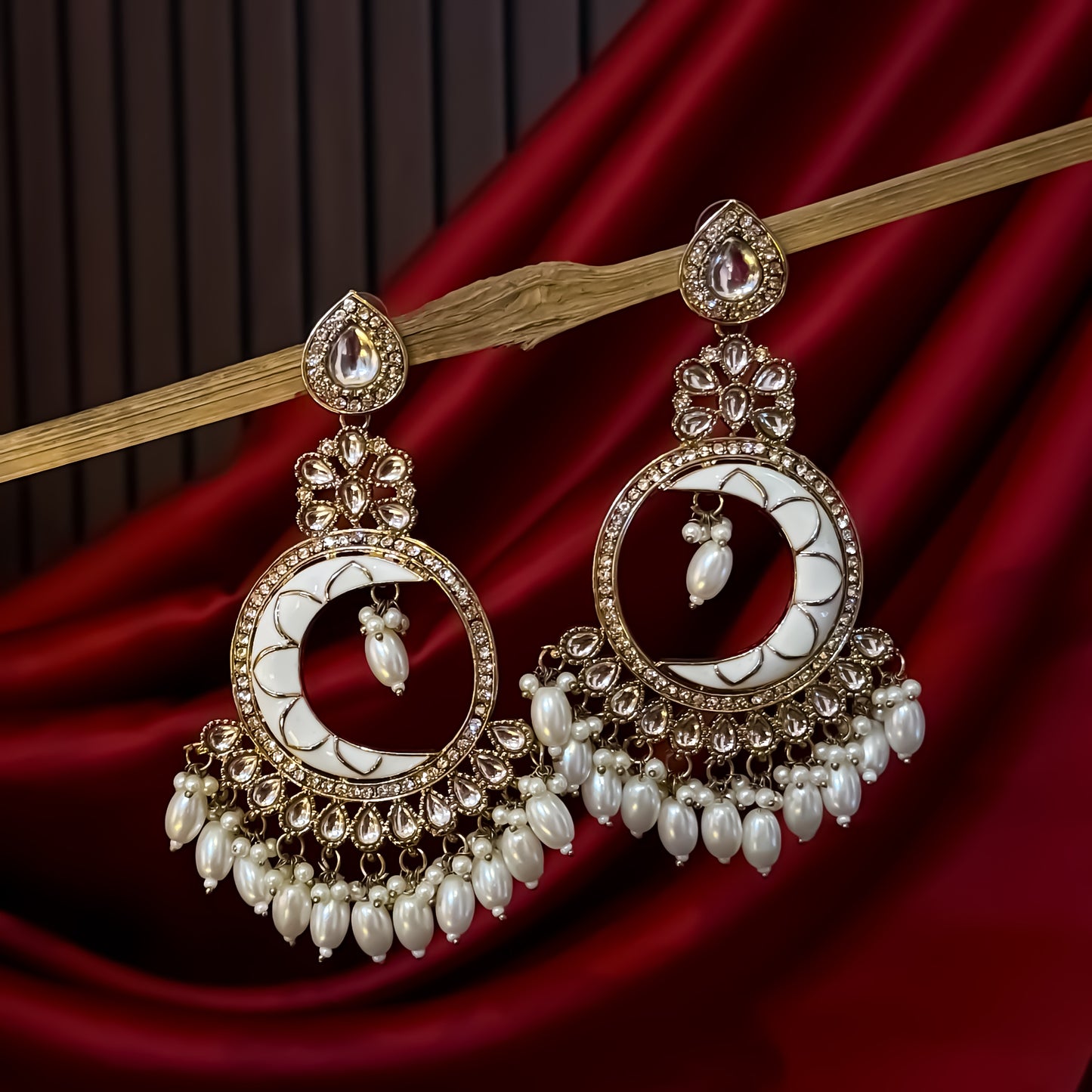 Kunica Kundan Pearl Chandbali Earrings - Golden