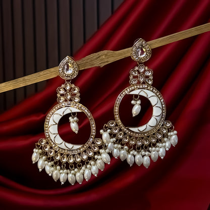 Kunica Kundan Pearl Chandbali Earrings - Golden