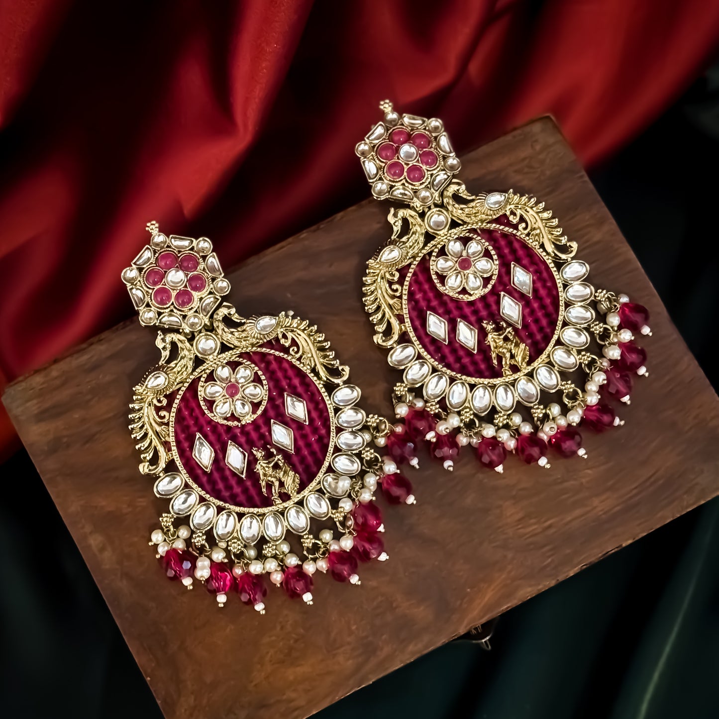 Dhwani Kundan Pearl Chandbali Earrings - Hot Pink