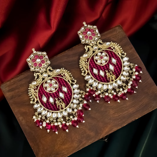 Dhwani Kundan Pearl Chandbali Earrings - Hot Pink