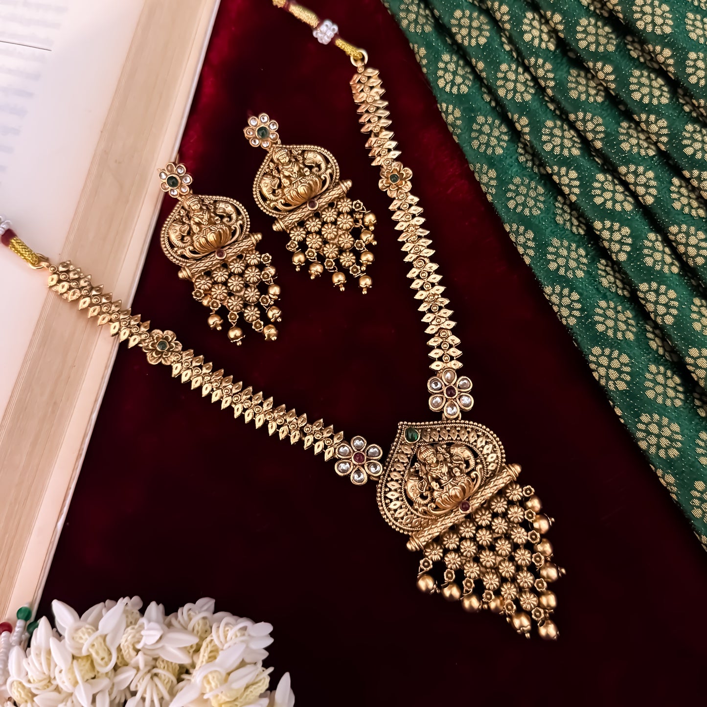 Swarna Long Temple Necklace Set - Pink & Green