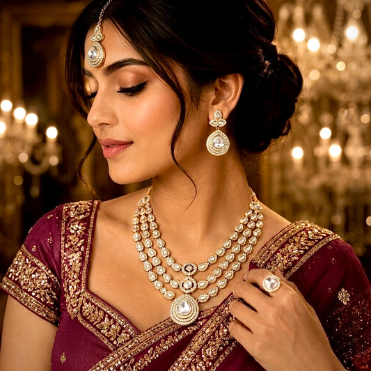 Rashmika premium antique gold kundan triple layer necklace set featuring three parallel cascading tracks of clear dabi mock polki stones a central teardrop pendant line matching drop earrings and maang tikka