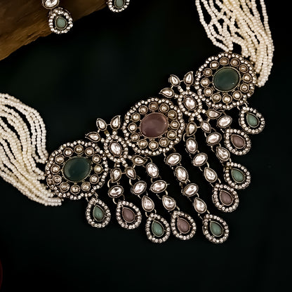 Rumani Premium Victorian Style Choker Necklace Set- Pastel Pink & Green