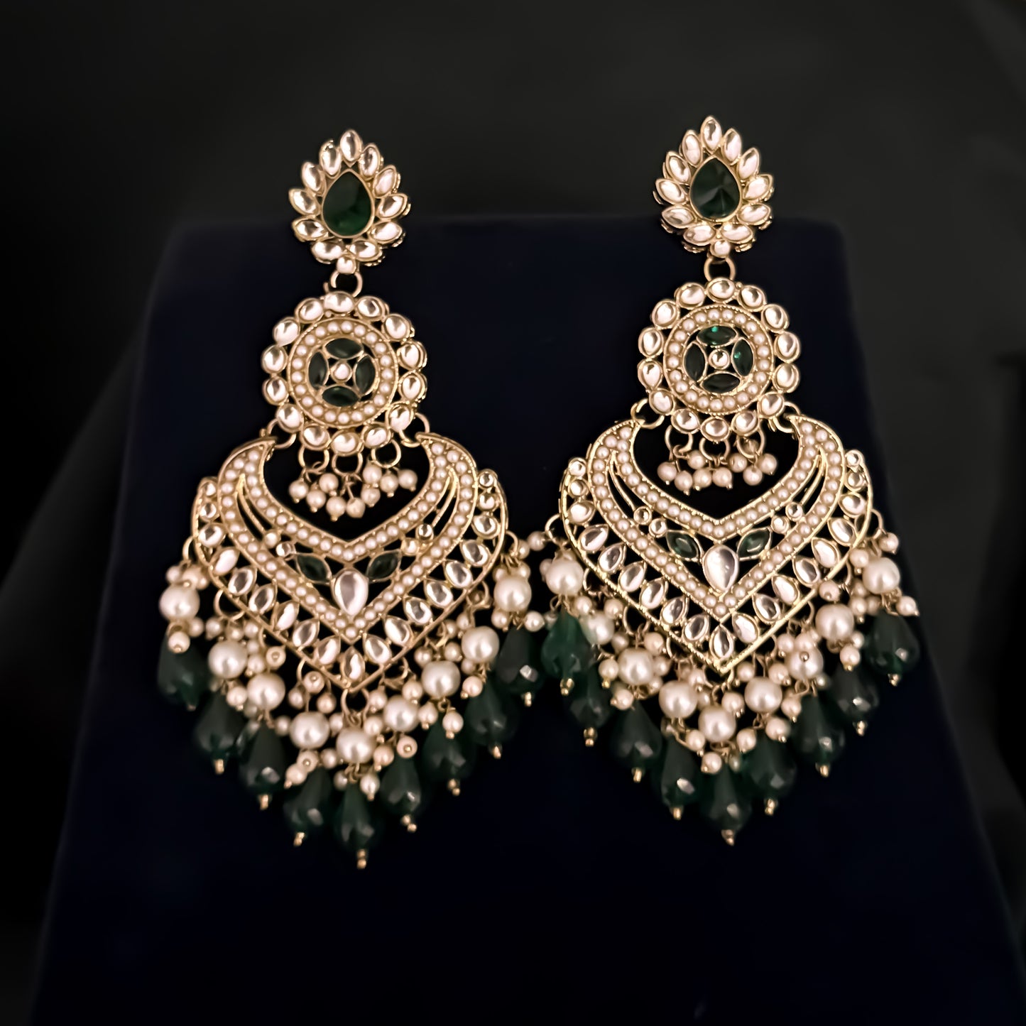Shaba Jadau Kundan Chandbali Earrings - Green