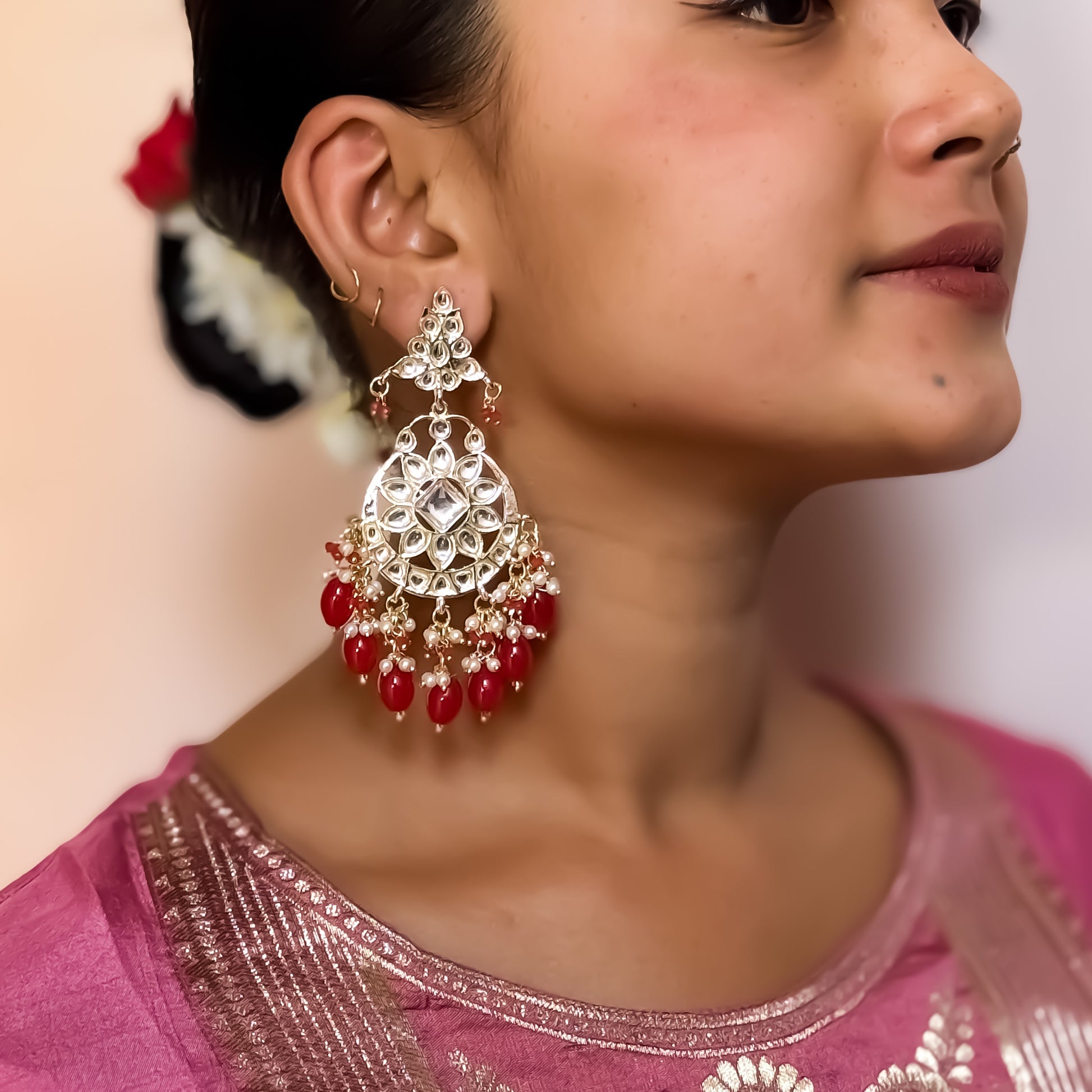Yashi Kundan Chandbali Earrings - Red