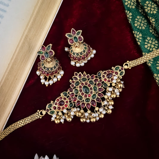 Amaira Temple Choker Necklace Set - Pink & Green