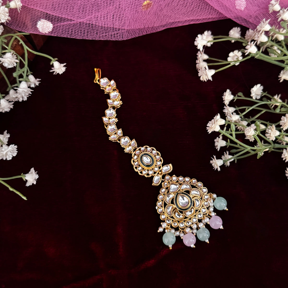 Pastel Pink & Green Rosen Kundan Choker Necklace Set