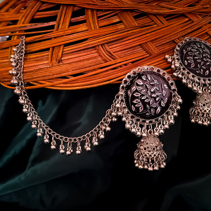 Sidra Silver Jhumka Earrings with sahara - Black