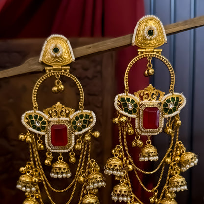 Masakali Premium Kashmiri Brass Ghungroo Chandbali Earrings - Red & Green