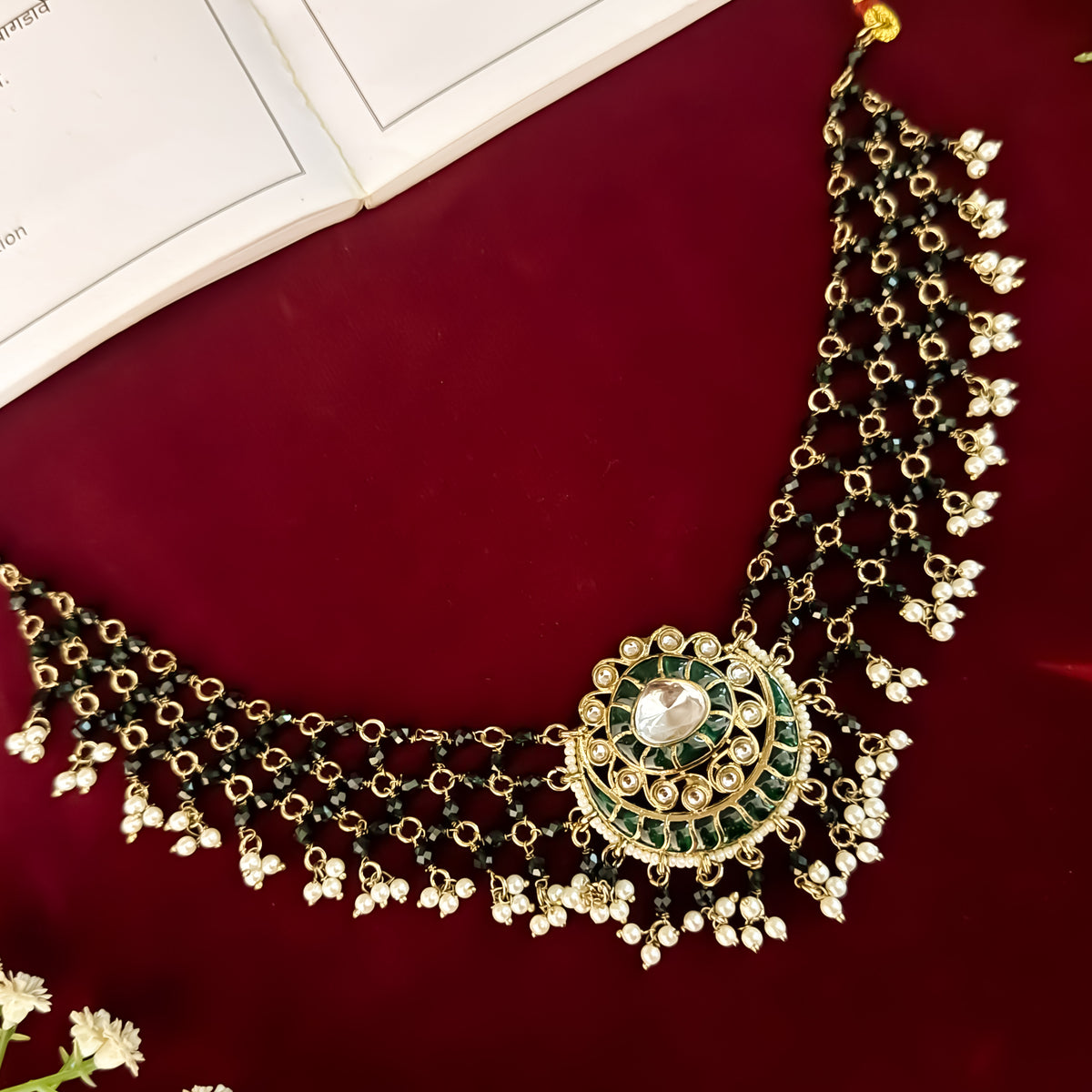 Green Sanidhya Intricate Pearl Work Necklace set
