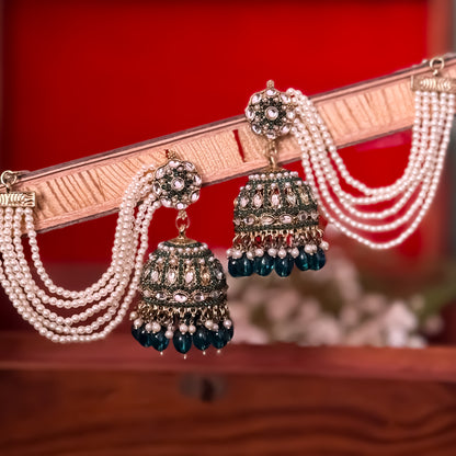 Mehvish Jadau Reverse AD Jhumka Earrings with Earchain - Peacock Blue