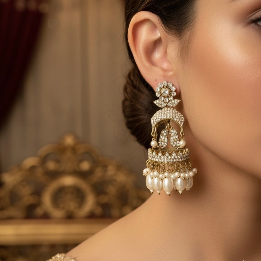 Love Bird Zircon Designer Premium Jhumka Earrings - Golden