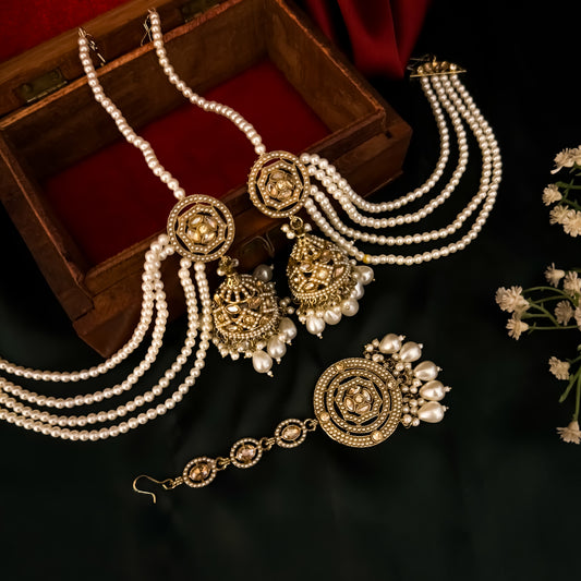 Iqra Jadau Reverse AD Jhumka Earrings with Sahara & Teeka - Golden