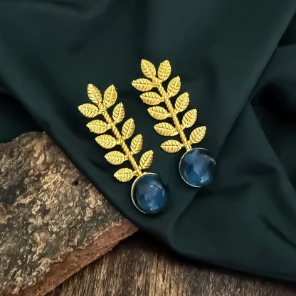 Lina Leaf Drop Handcrafted Brass Earrings - Blue