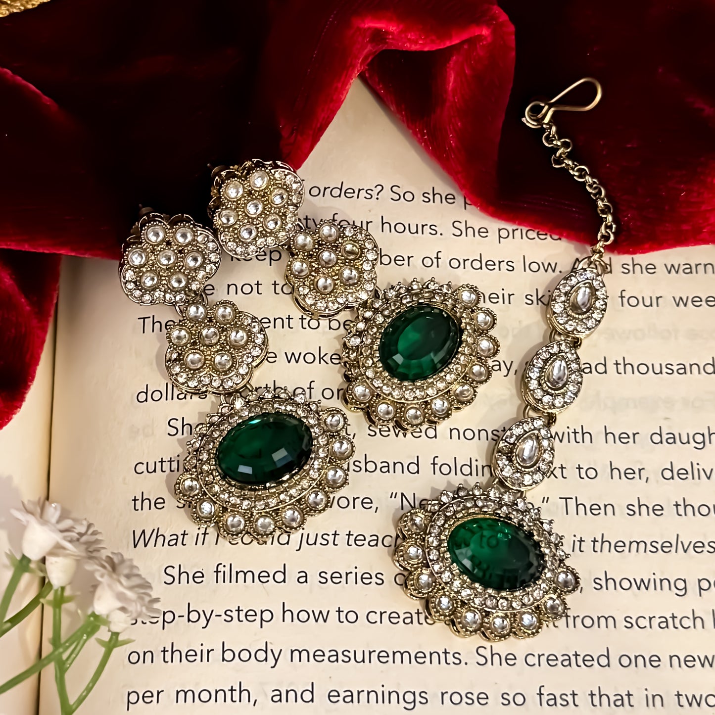 Ishkara AD Polki Look Alike Necklace Set - Green