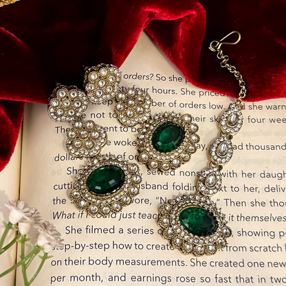 Ishkara AD Polki Look Alike Necklace Set - Green