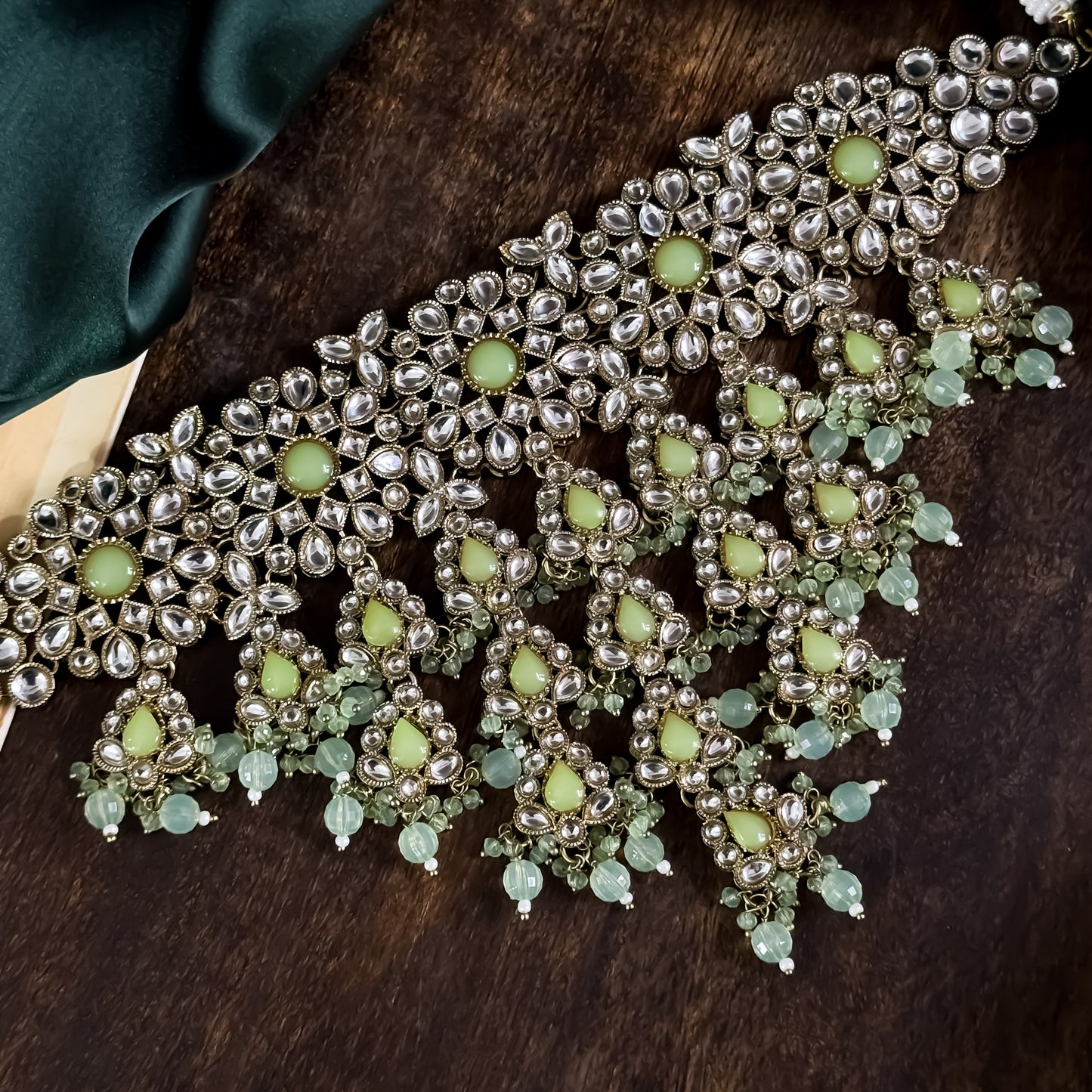Shabana Premium Kundan Pearl Choker Necklace Set - Mint Green