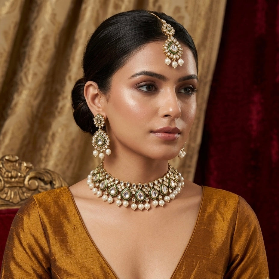 Kumud Kundan Necklace Set - Green