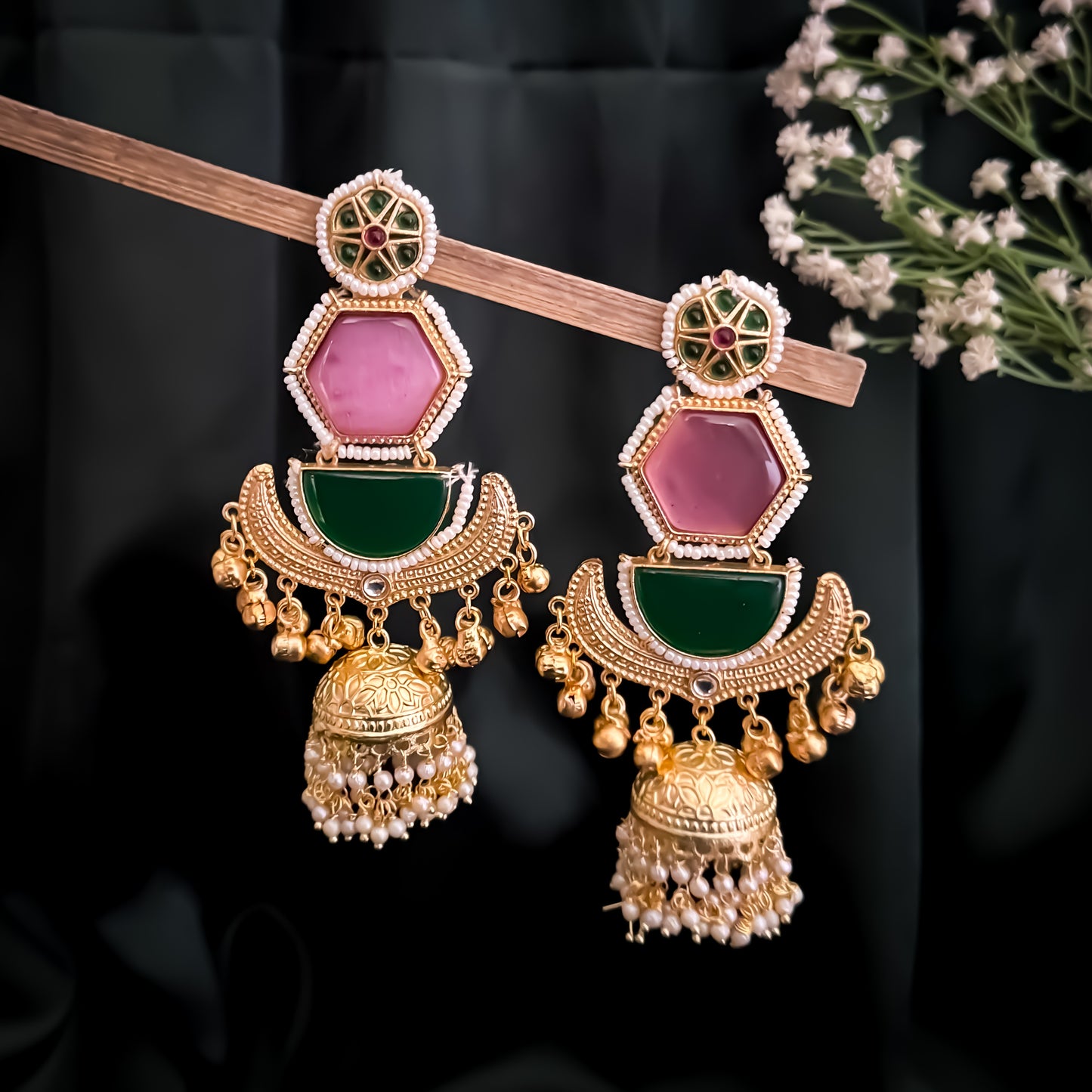 Kaviri Premium Kashmiri Brass Jhumka Ghungroo Earrings - Dark Green & Pink