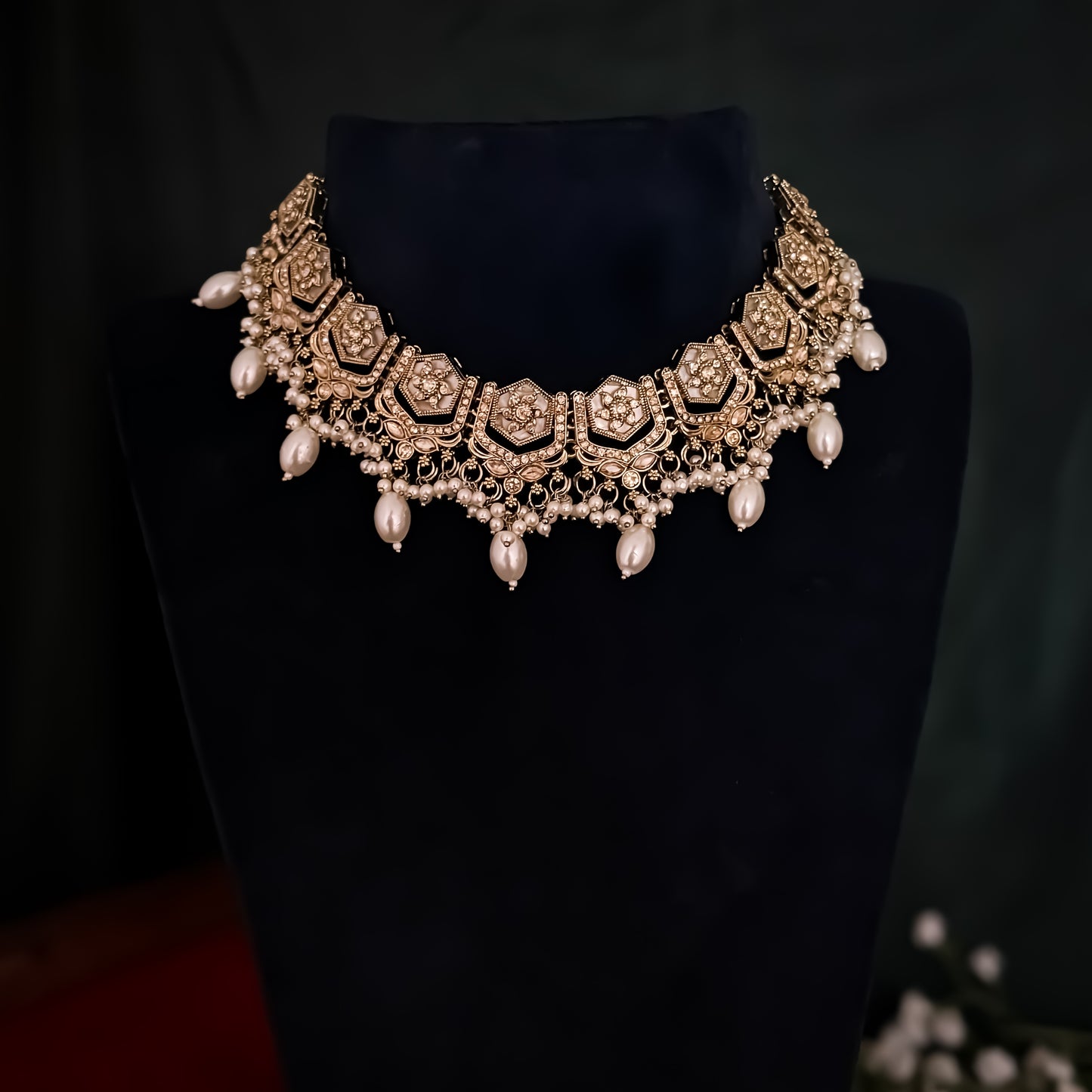 Mahal MOP Reverse AD Necklace Set - Golden