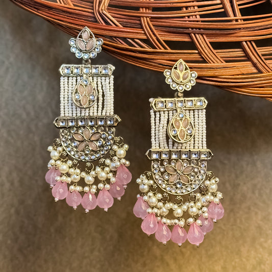 Kamya Pearl Chandbali Earrings- Baby Pink