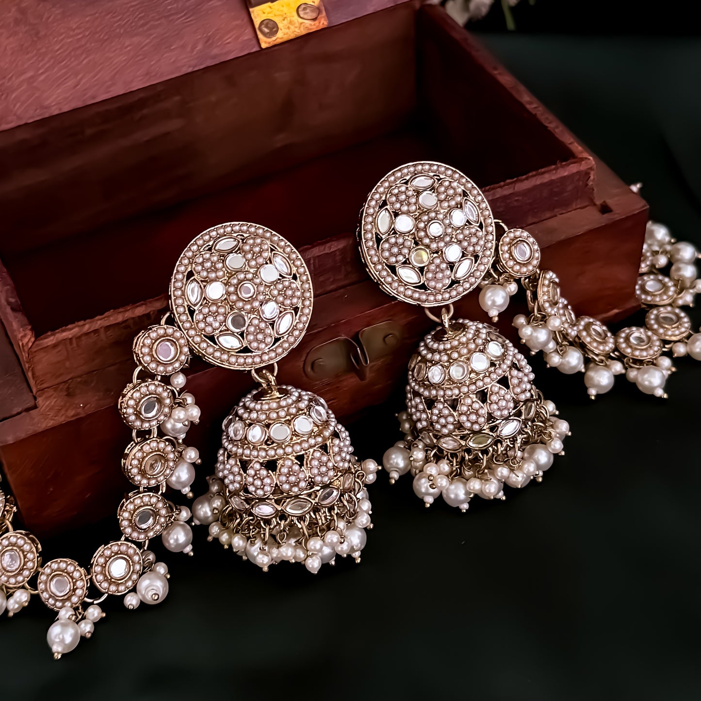 Rushda Jadau Mirror Jhumka Earrings with Sahara/Earchains - Golden