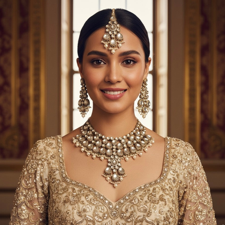 Swara Premium Kundan Necklace Set - Golden