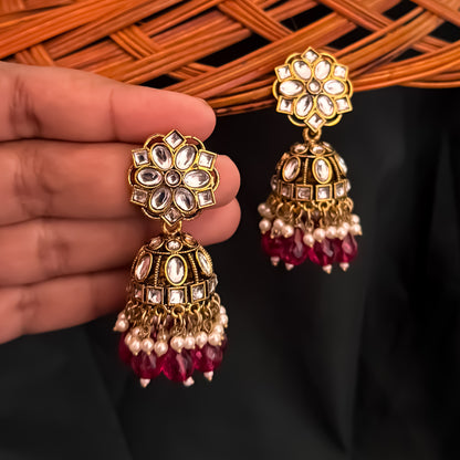 Aashika Pearl Jhumka Earrings- Wine