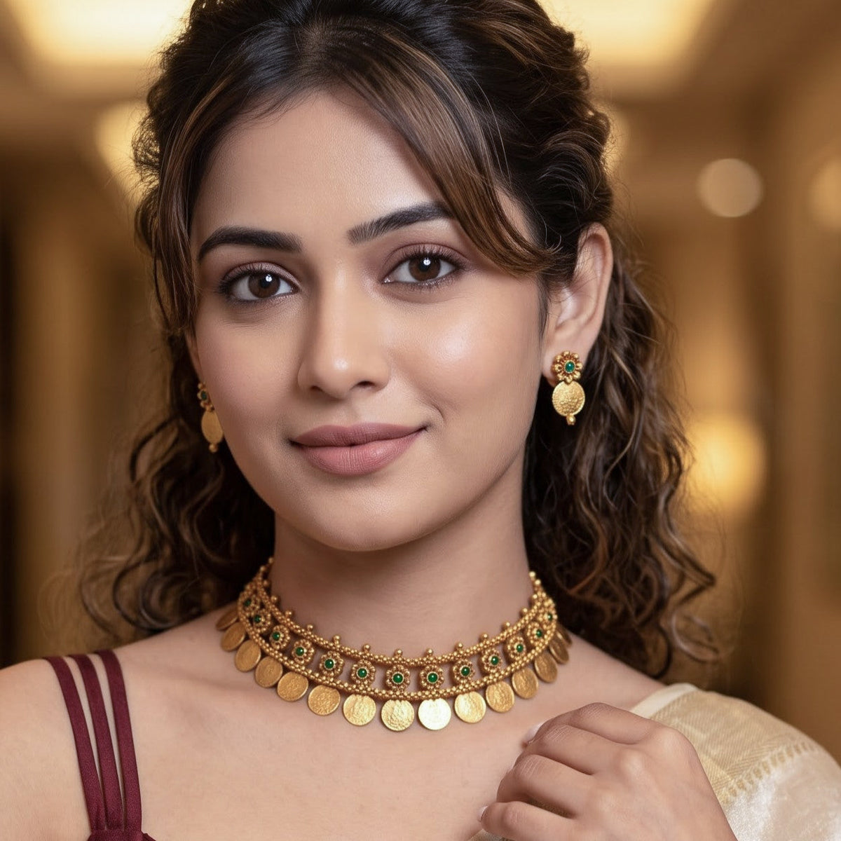 Gold & Green Eshvi Coin Temple Choker Necklace Set