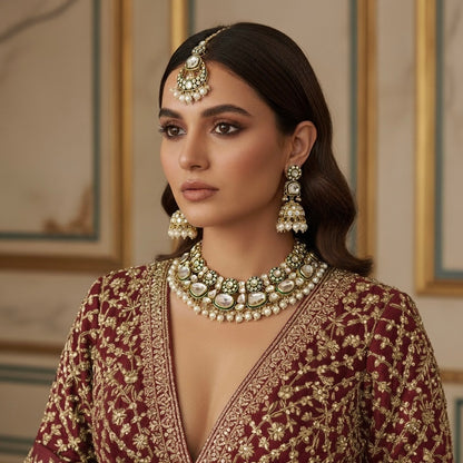 Divisha Premium Kundan Necklace Set - Golden & Green