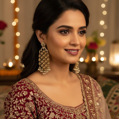 Tejaswini Rain Drop Chandbali Earrings - Golden