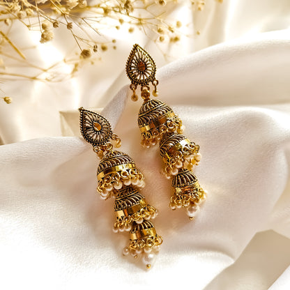 Triple Layered Floral Golden Jhumki