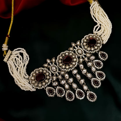 Rumani Premium Victorian Style Choker Necklace Set- Maroon