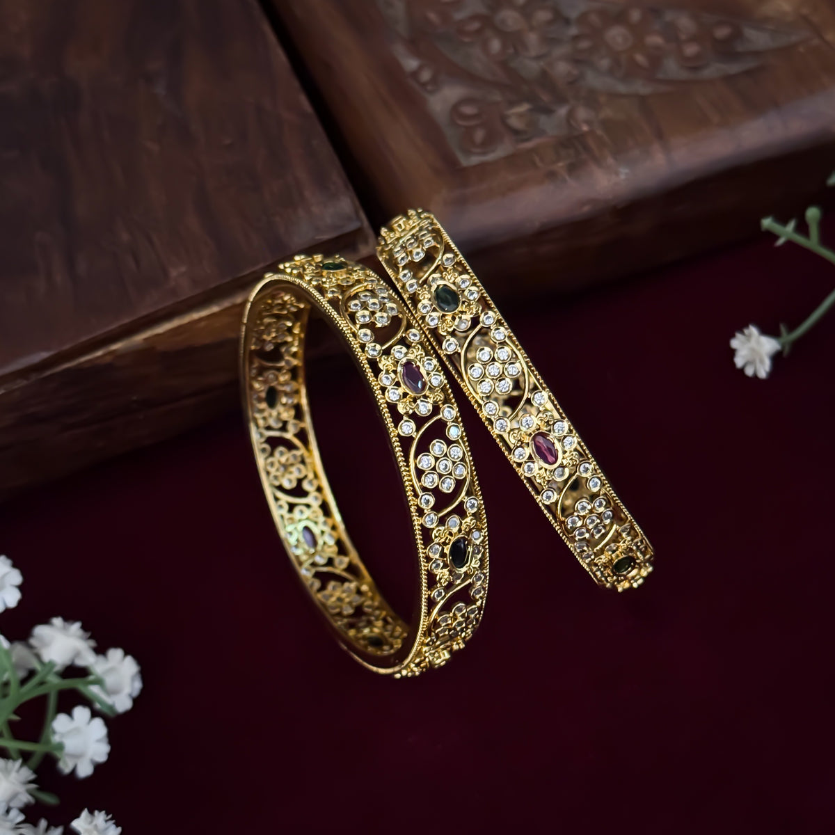 Pink & Green Akhila Premium AD Bangles (Set of 2)