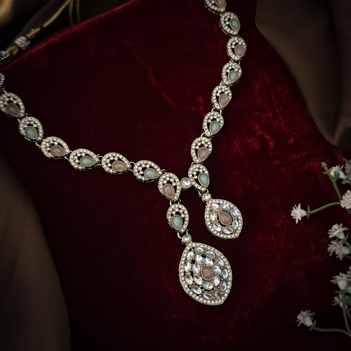 Pastel Pink & Green Dhrishya Kundan Necklace Set