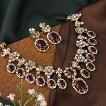 Maroon Tayani Zircon Kundan Necklace Set with Earrings