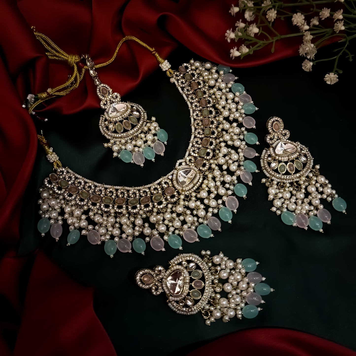 Lavya Pearl Premium Necklace Set - Pastel Pink & Pastel Green