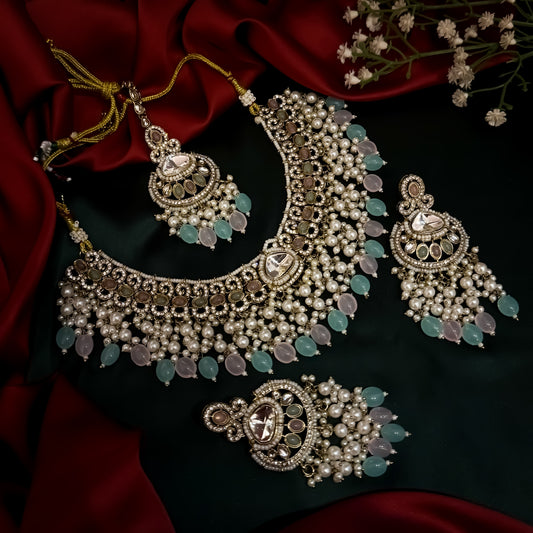 Lavya Pearl Premium Necklace Set - Pastel Pink & Pastel Green