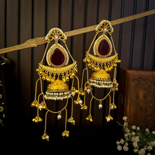 Midha Kashmiri Brass Dejhoor Ghungroo Jhumka Earrings - Maroon