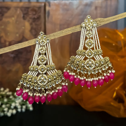 Pink Kinza Kundan Pearl Chandbali Earrings