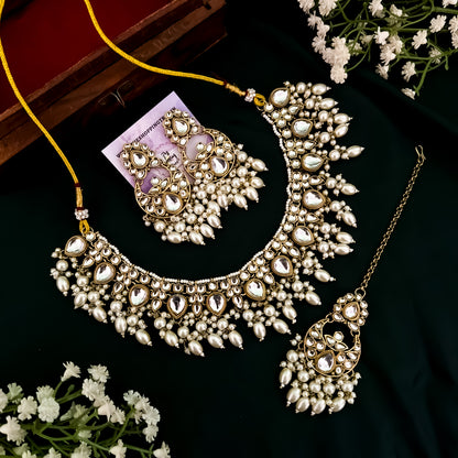 Rubab Kundan Pearl Necklace Set - Golden