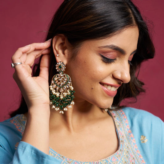 Aayat Kundan Pearl Chandbali Earrings - Green