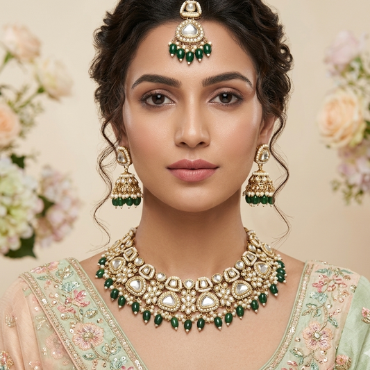 Ramsha Royal Kundan Necklace Set - Green