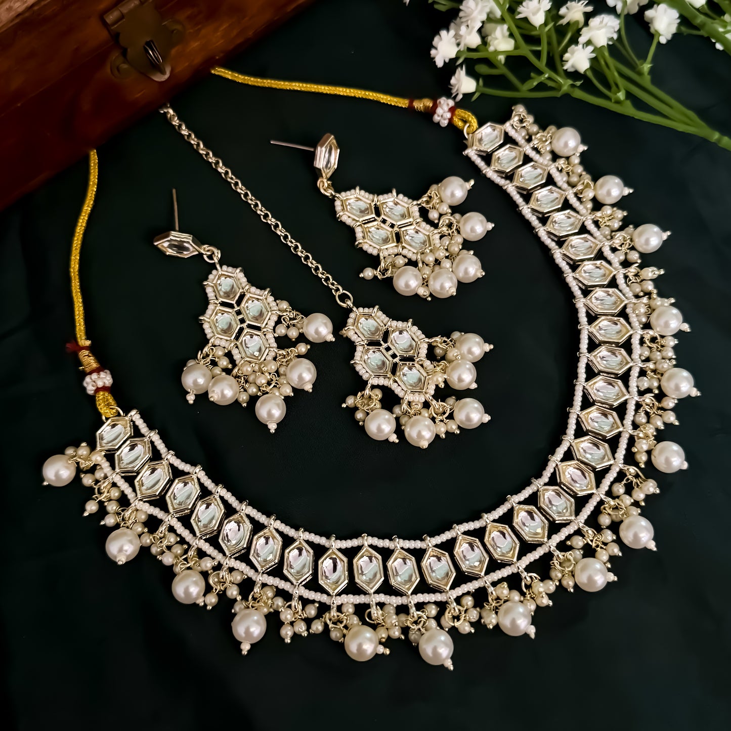 Rismat Kundan Pearl Necklace Set - Golden