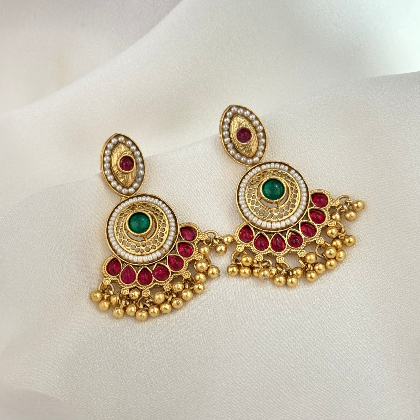 Sharda Fusion Rajwadi Kashmiri Brass Ghungroo Chandbali Earrings - Pink & Green