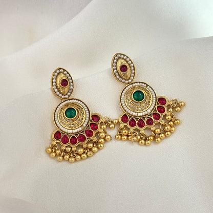 Sharda Fusion Rajwadi Kashmiri Brass Ghungroo Chandbali Earrings - Pink & Green
