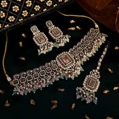 Shipra Premium Victorian AD Style Necklace Set - Pastel Pink & Pastel Green
